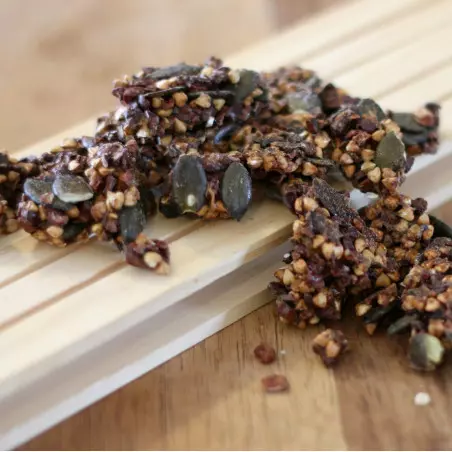 crunchy raw cacao activated buckwheat and durian healthy snacks