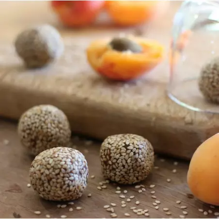 raw apricot acerola energy ball, organic, vegan, and gluten-free