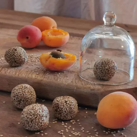 energy ball with apricot, acerola, raw sesame, organic, vegan, healthy