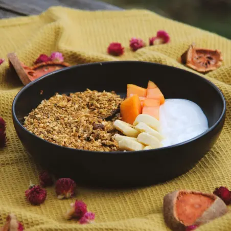 muesli crudo de escaramujo, desayuno equilibrado, orgánico, saludable