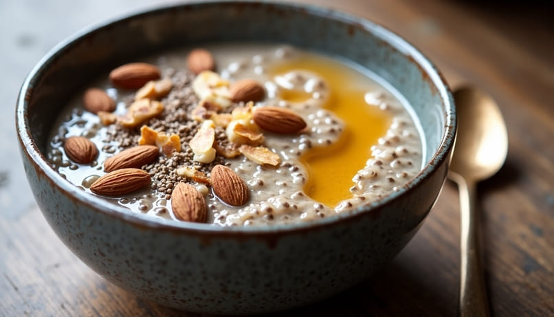 Mingau cru com sementes de chia e flocos de chufa